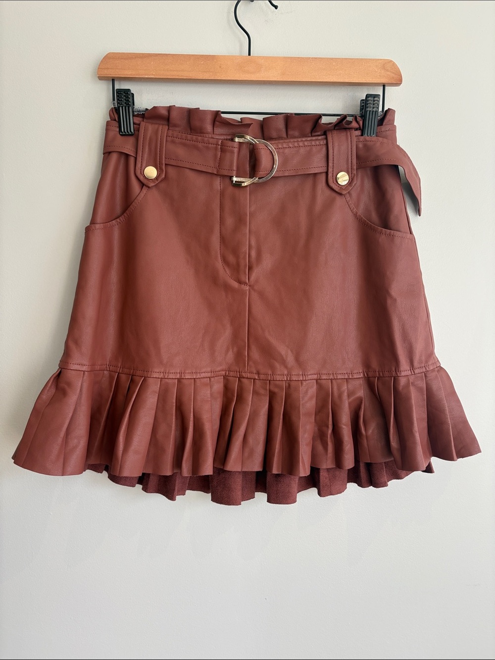 Zara Brown Faux Leather Mini Skirt with Ruffle Hem